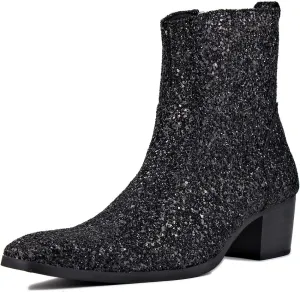 OSSTONE Dress Boot for Men Leather Glitter Chukka Designer Boots Casual Heel Shoes Zipper-up