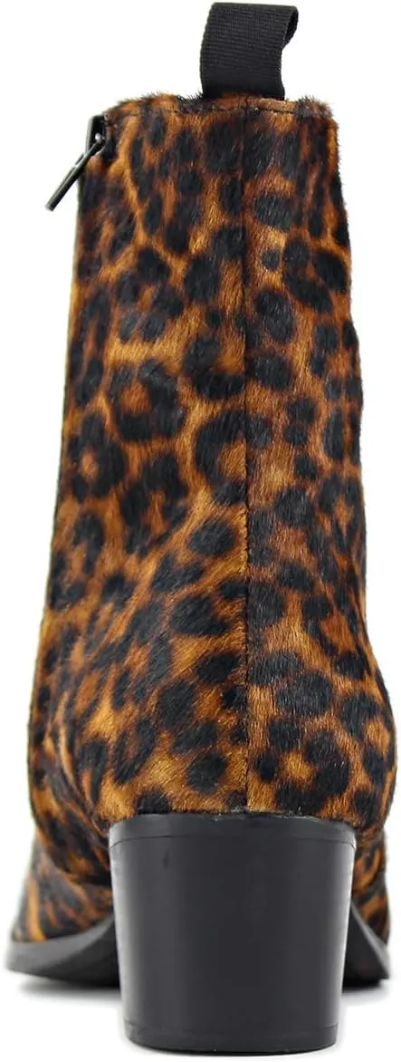 OSSTONE Men Chelsea Ankle Boots Leather Pony Hair Leopard Boot with Side Zipper Heel Boots JY012
