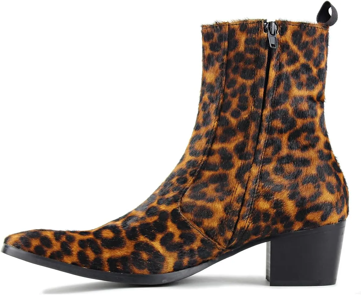 OSSTONE Men Chelsea Ankle Boots Leather Pony Hair Leopard Boot with Side Zipper Heel Boots JY012