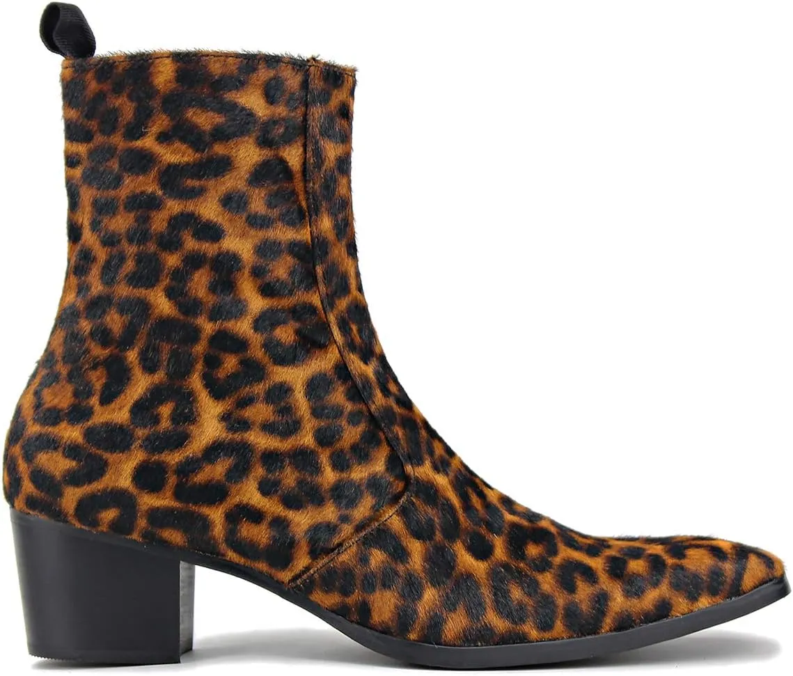 OSSTONE Men Chelsea Ankle Boots Leather Pony Hair Leopard Boot with Side Zipper Heel Boots JY012
