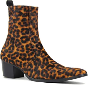 OSSTONE Men Chelsea Ankle Boots Leather Pony Hair Leopard Boot with Side Zipper Heel Boots JY012