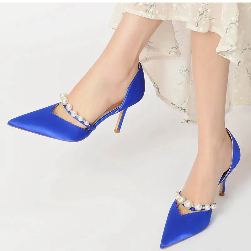 Party Pearl Strap Pointed Toe Satin High Heels
