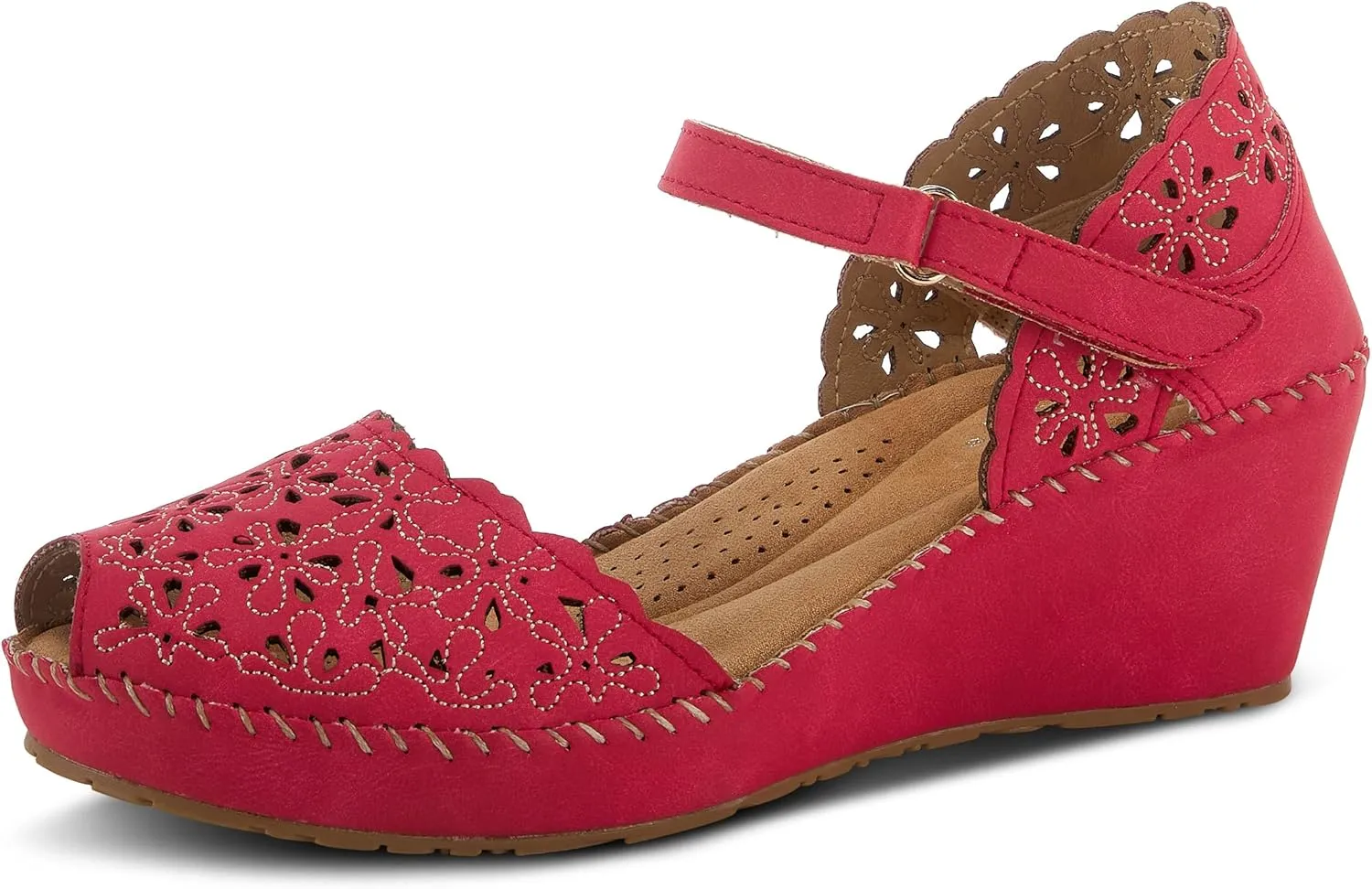 PATRIZIA Spring Step Gennina Wedge Sandals for Womens - Laser Cut Ladies Sandals with Embroidery - Hook and Loop Closure Womens Sandals