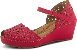 PATRIZIA Spring Step Gennina Wedge Sandals for Womens - Laser Cut Ladies Sandals with Embroidery - Hook and Loop Closure Womens Sandals