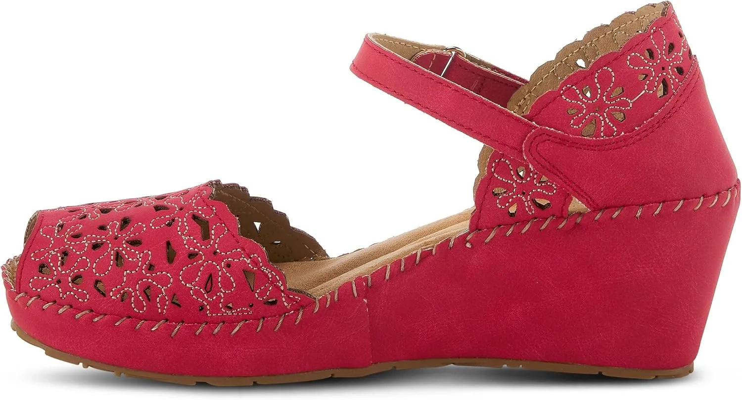 PATRIZIA Spring Step Gennina Wedge Sandals for Womens - Laser Cut Ladies Sandals with Embroidery - Hook and Loop Closure Womens Sandals