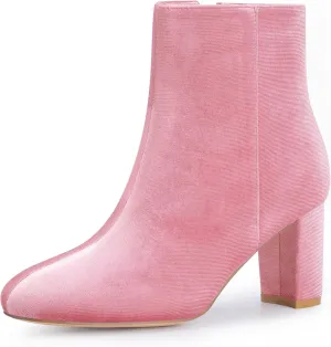 Perphy Faux Velvet Round Toe Chunky Heels Ankle Boots for Women