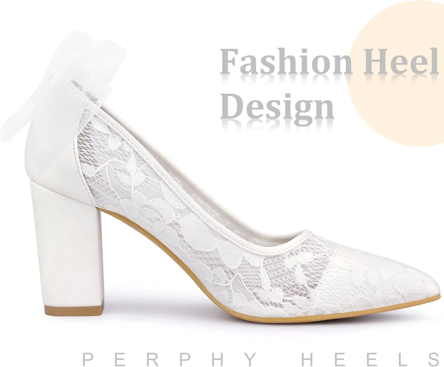 Perphy Pointed Toe Bow Lace Decor Lace Block Heel Pumps for Women