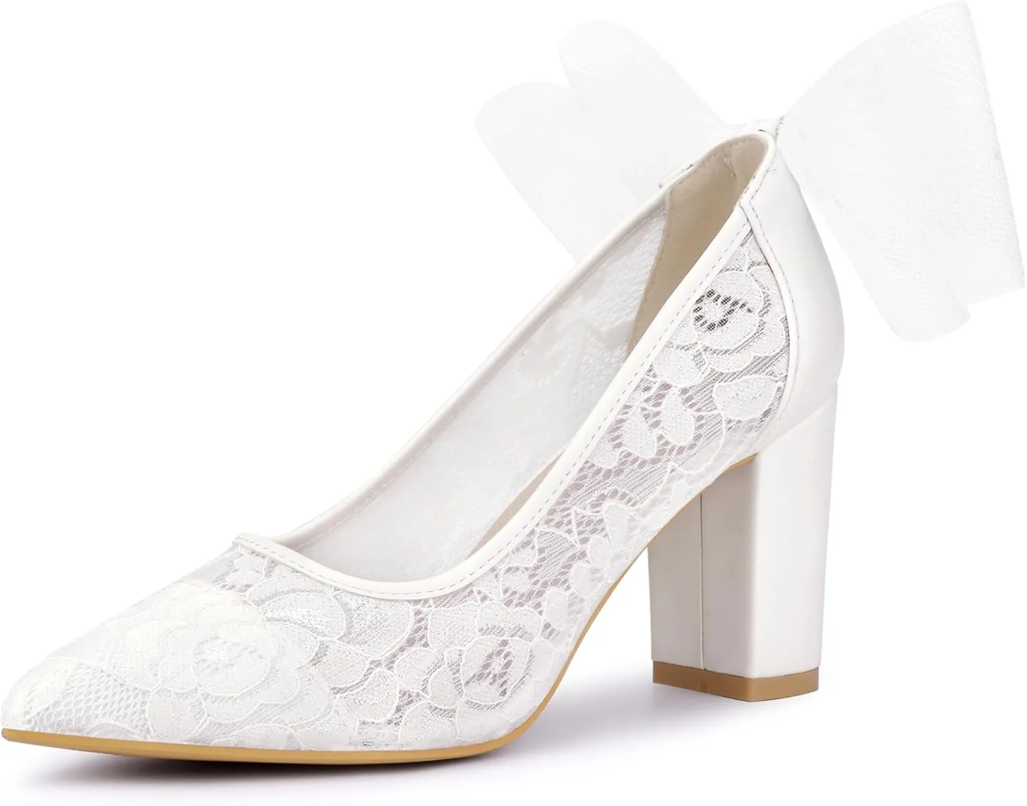 Perphy Pointed Toe Bow Lace Decor Lace Block Heel Pumps for Women