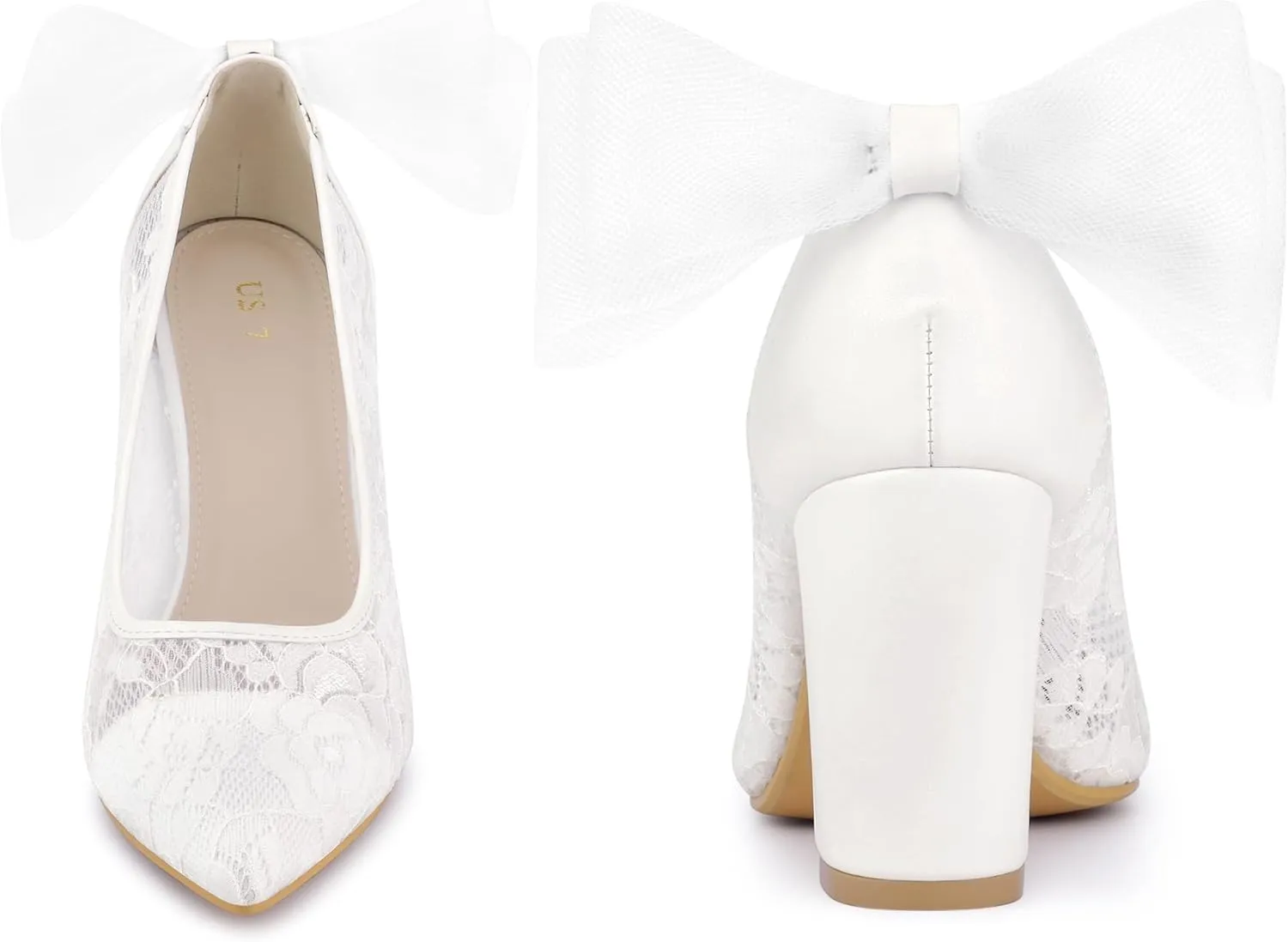 Perphy Pointed Toe Bow Lace Decor Lace Block Heel Pumps for Women