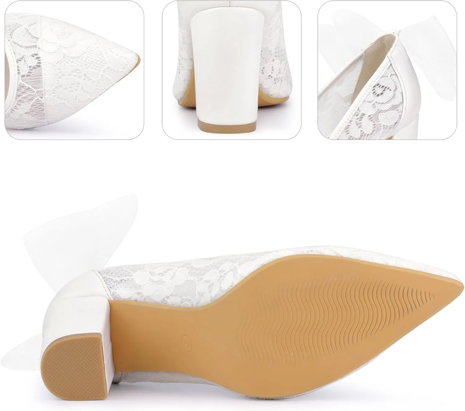 Perphy Pointed Toe Bow Lace Decor Lace Block Heel Pumps for Women