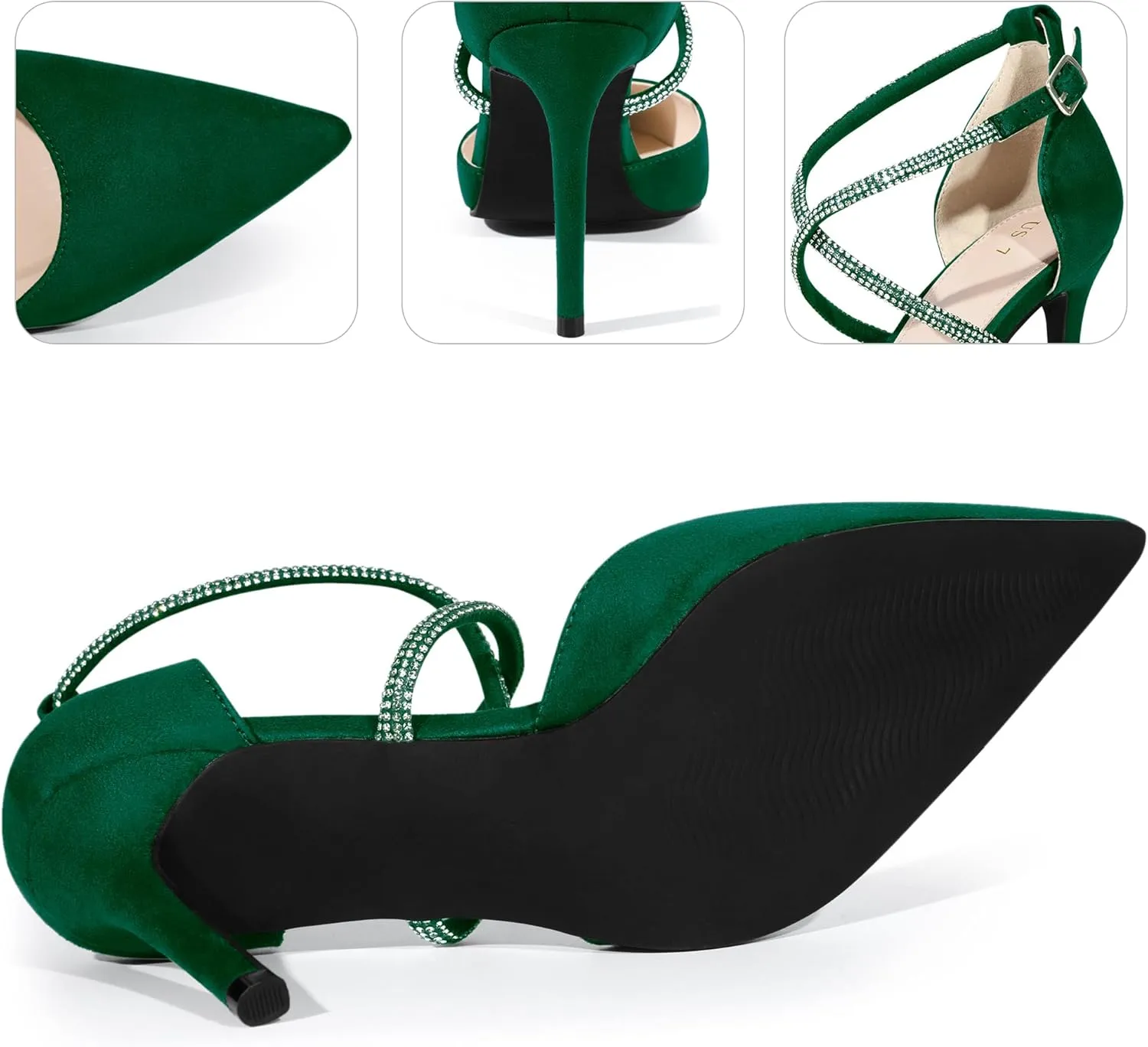 Perphy Pointed Toe Crisscross Rhinestone Ankle Strap Stiletto Heel Pumps for Women
