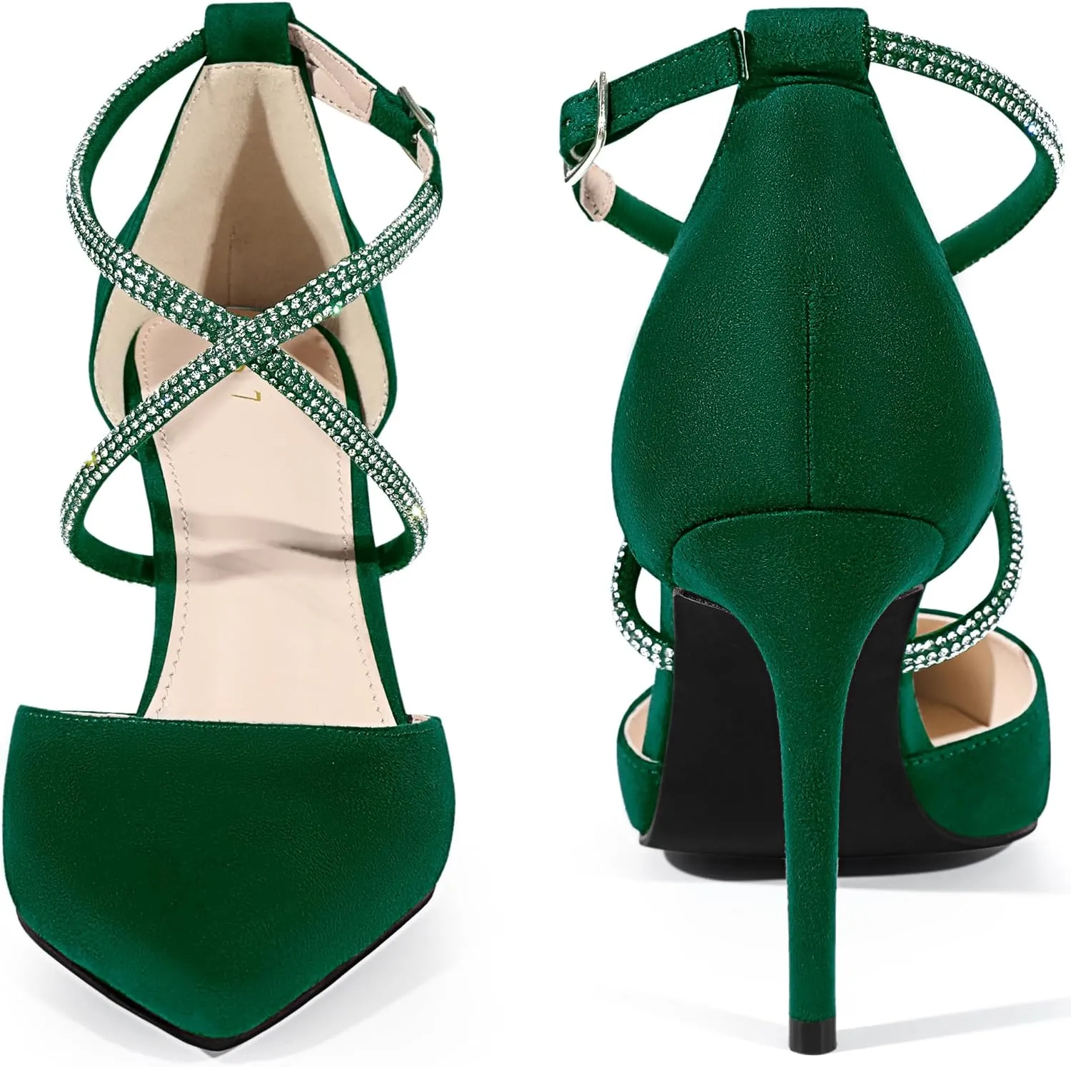 Perphy Pointed Toe Crisscross Rhinestone Ankle Strap Stiletto Heel Pumps for Women