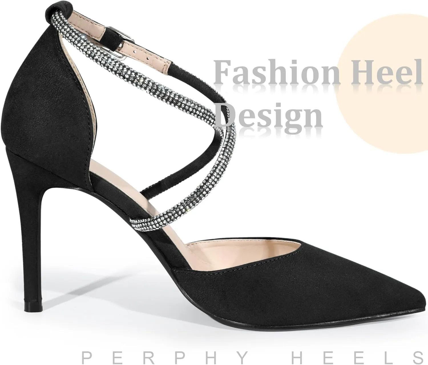 Perphy Pointed Toe Crisscross Rhinestone Ankle Strap Stiletto Heel Pumps for Women