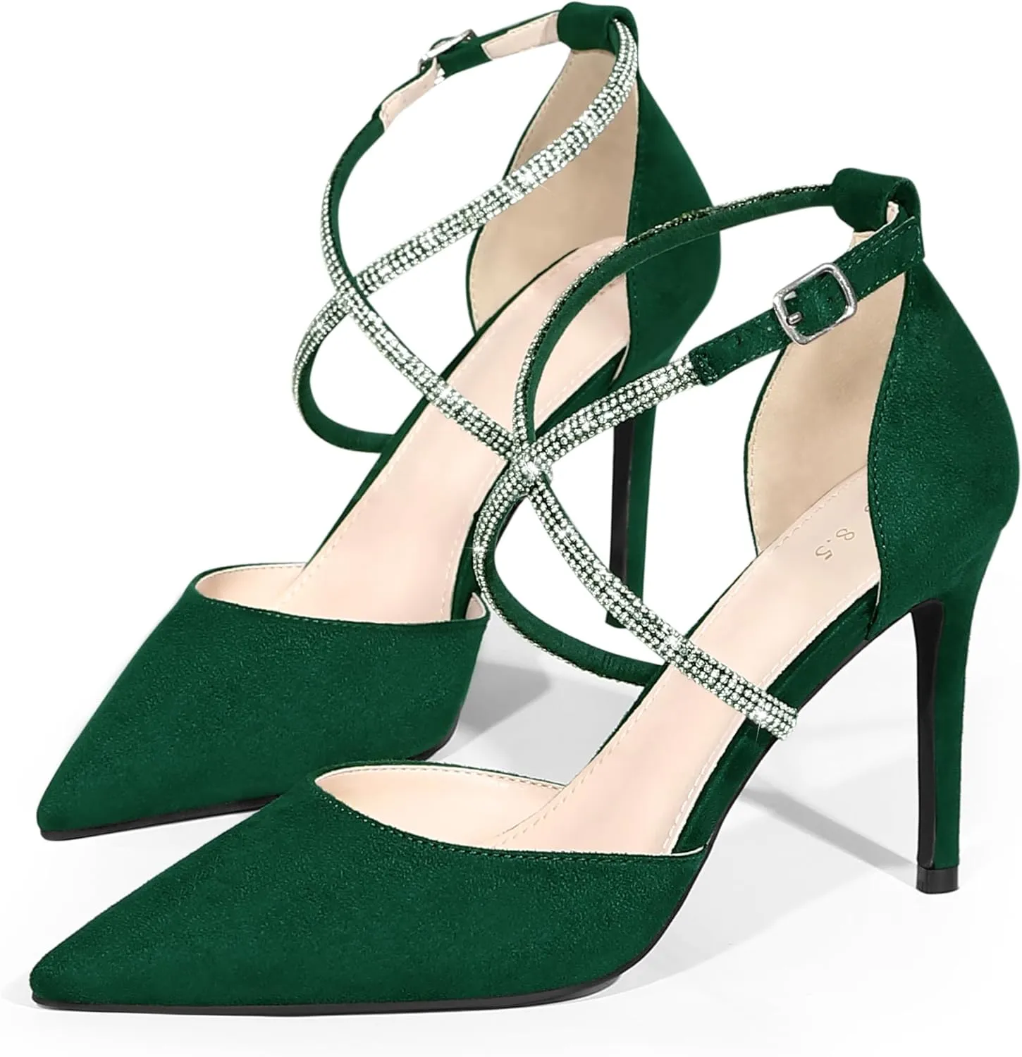 Perphy Pointed Toe Crisscross Rhinestone Ankle Strap Stiletto Heel Pumps for Women
