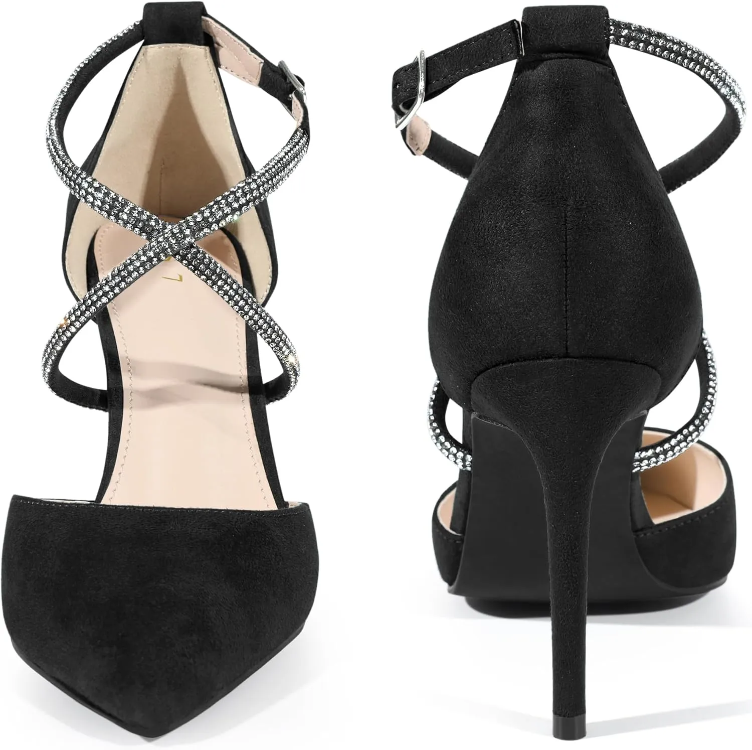 Perphy Pointed Toe Crisscross Rhinestone Ankle Strap Stiletto Heel Pumps for Women