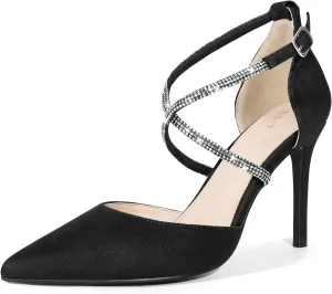 Perphy Pointed Toe Crisscross Rhinestone Ankle Strap Stiletto Heel Pumps for Women