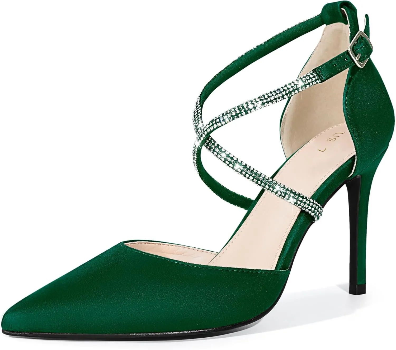 Perphy Pointed Toe Crisscross Rhinestone Ankle Strap Stiletto Heel Pumps for Women