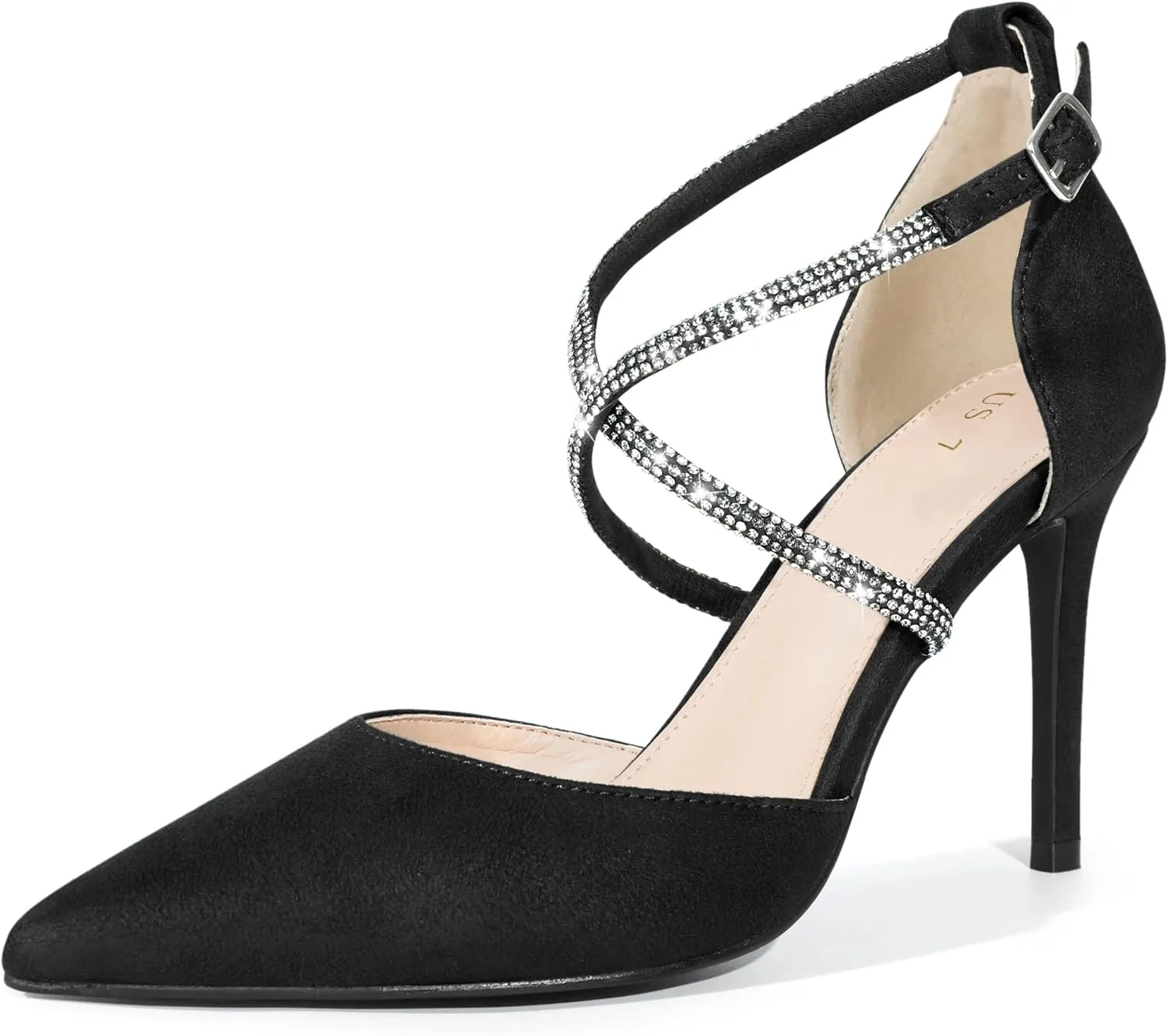 Perphy Pointed Toe Crisscross Rhinestone Ankle Strap Stiletto Heel Pumps for Women