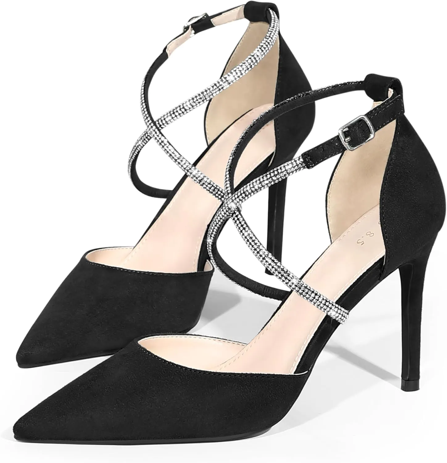 Perphy Pointed Toe Crisscross Rhinestone Ankle Strap Stiletto Heel Pumps for Women
