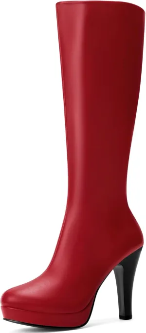 Perphy Round Toe Platform Chunky Heel Knee High Boots for Women