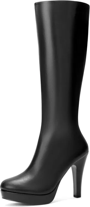 Perphy Round Toe Platform Chunky Heel Knee High Boots for Women
