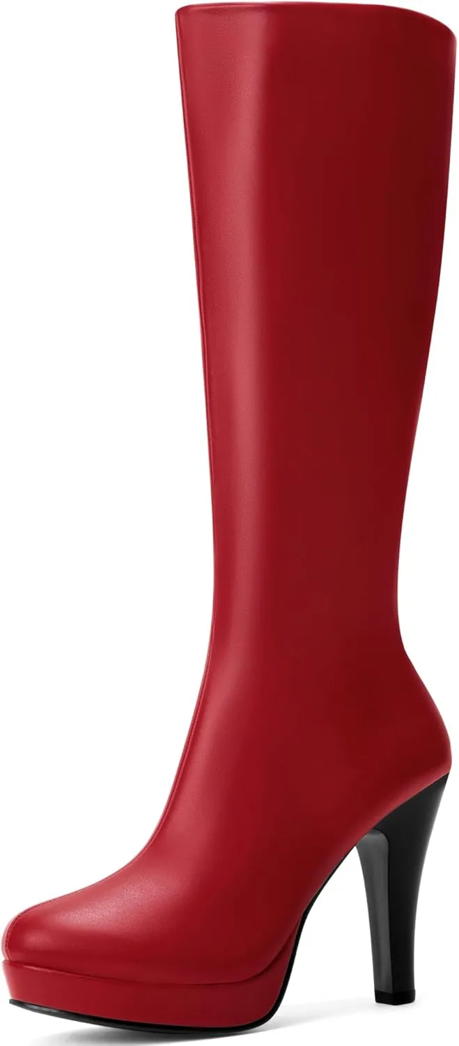 Perphy Round Toe Platform Chunky Heel Knee High Boots for Women