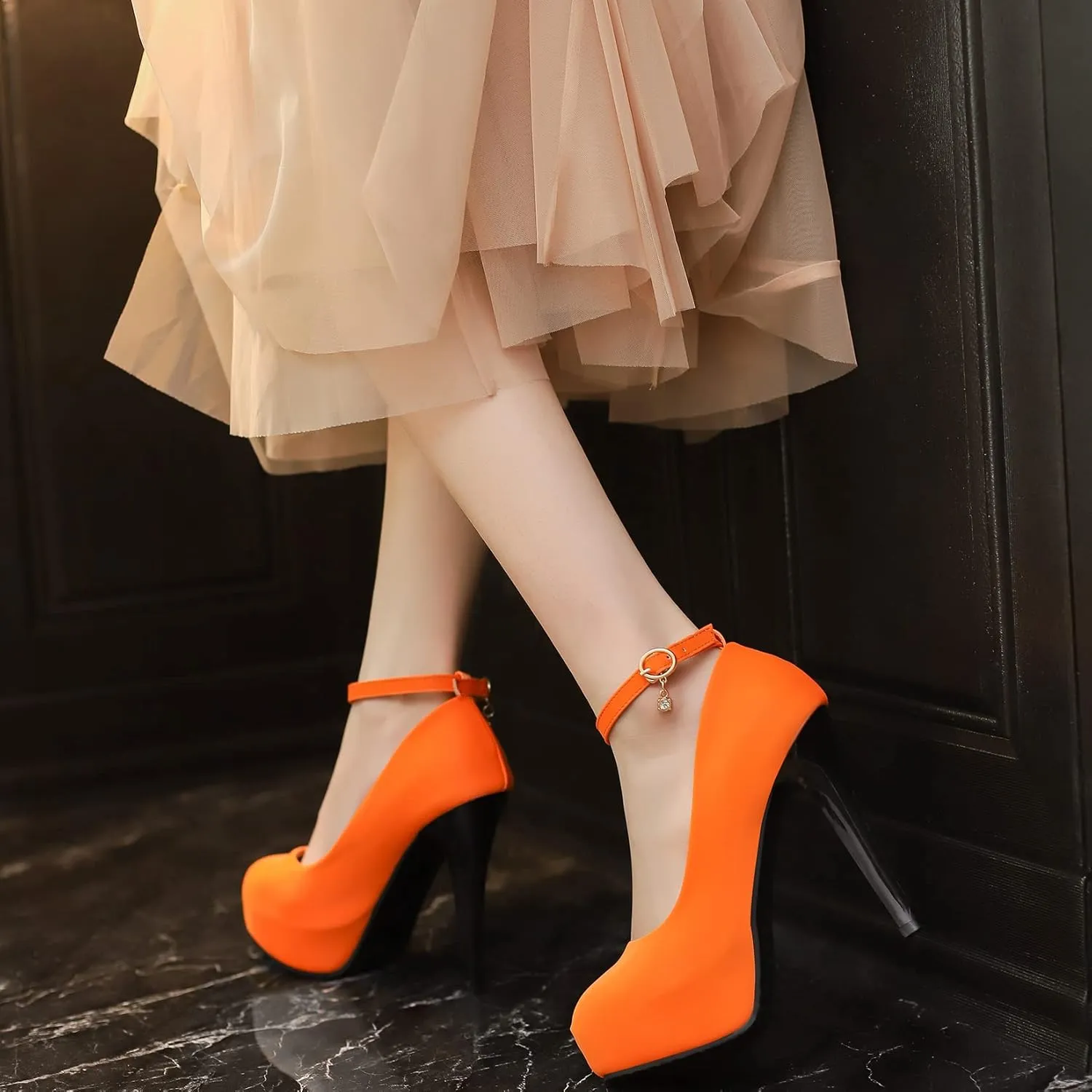 Platform High Heel Ankle Strap Round Toe Stiletto Heels with Buckle Pumps for Women Dress Shoes