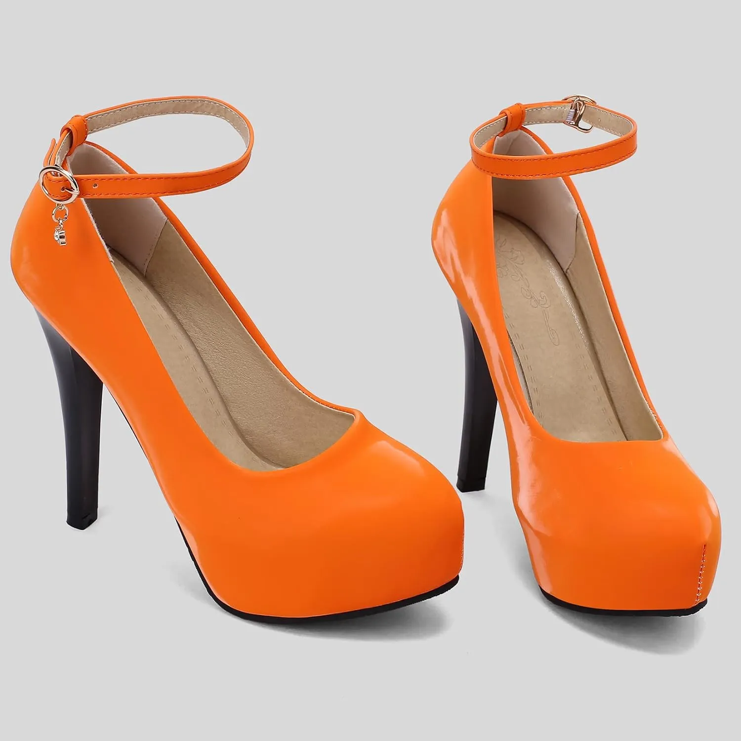 Platform High Heel Ankle Strap Round Toe Stiletto Heels with Buckle Pumps for Women Dress Shoes