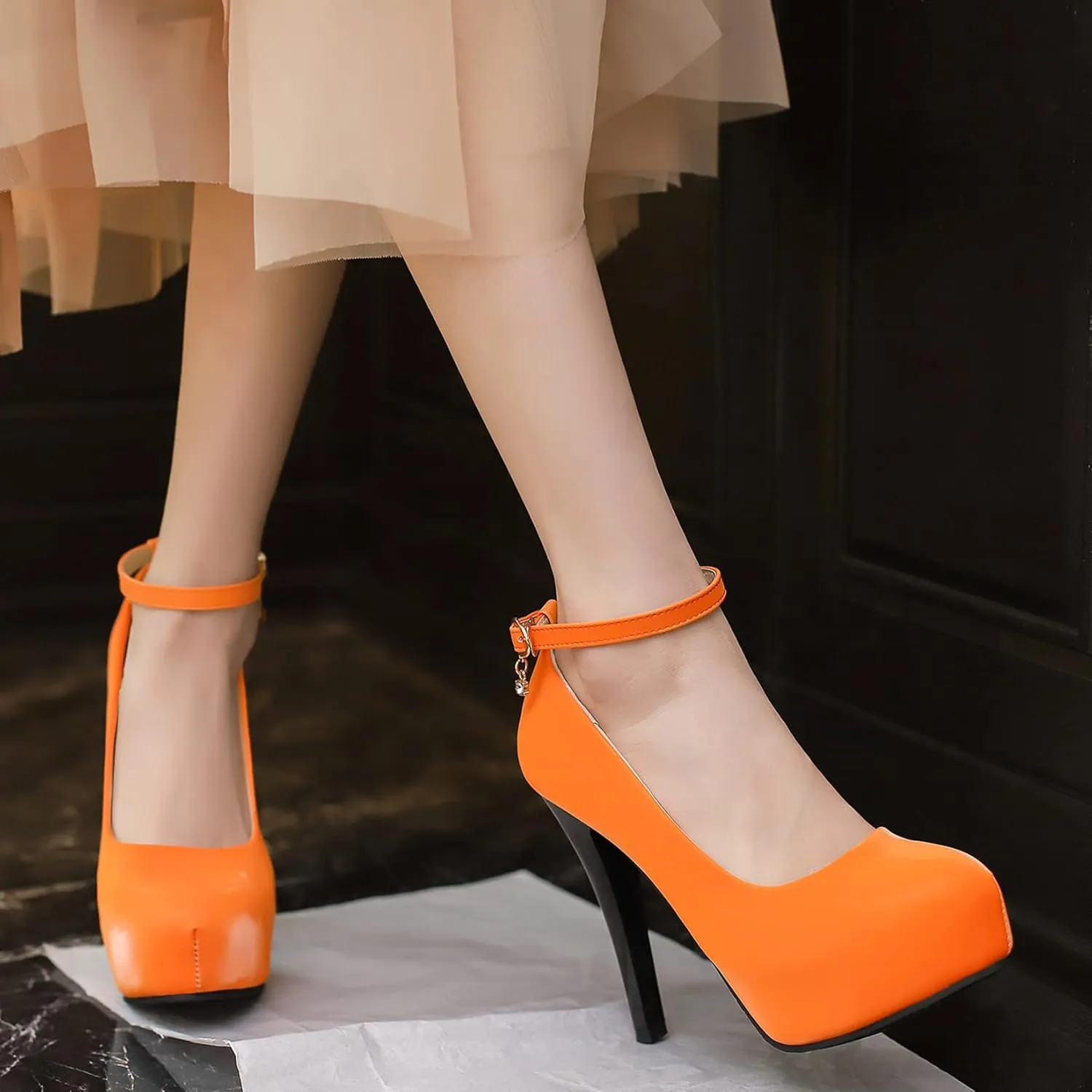Platform High Heel Ankle Strap Round Toe Stiletto Heels with Buckle Pumps for Women Dress Shoes