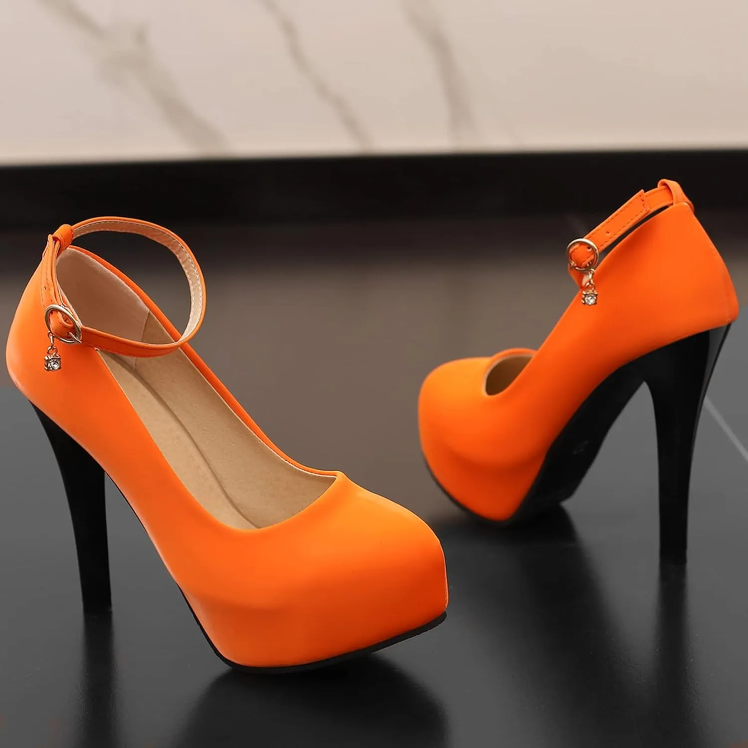 Platform High Heel Ankle Strap Round Toe Stiletto Heels with Buckle Pumps for Women Dress Shoes