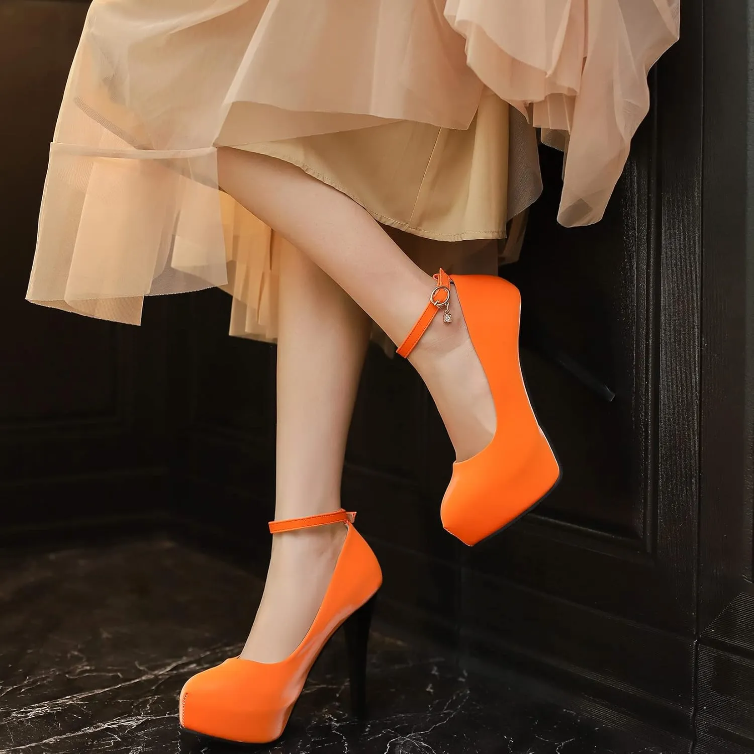 Platform High Heel Ankle Strap Round Toe Stiletto Heels with Buckle Pumps for Women Dress Shoes