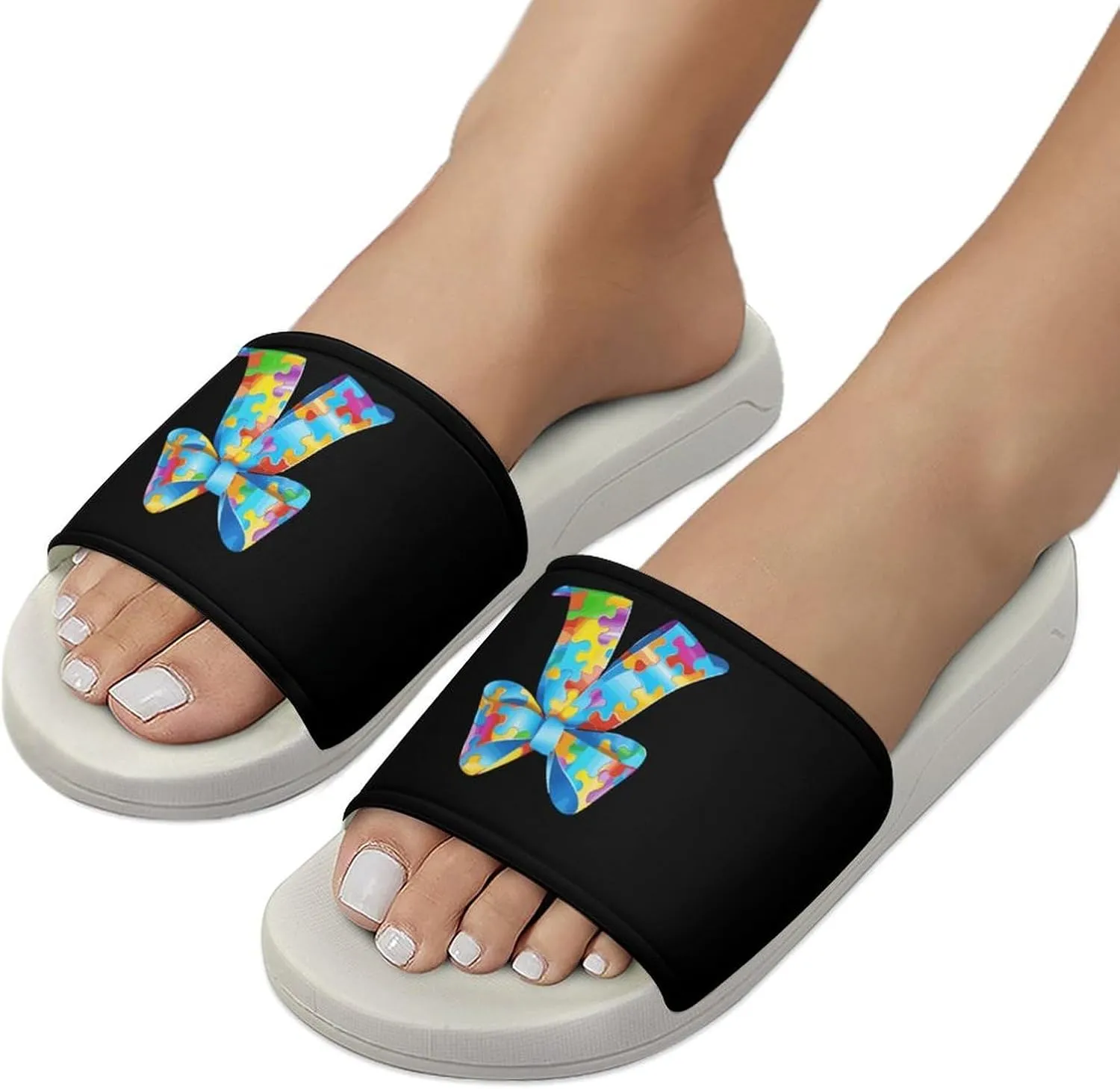 Puzzle Bow Tie Open Toe Slippers for Women And Men Non Slip Shower Slippers Home Slippers