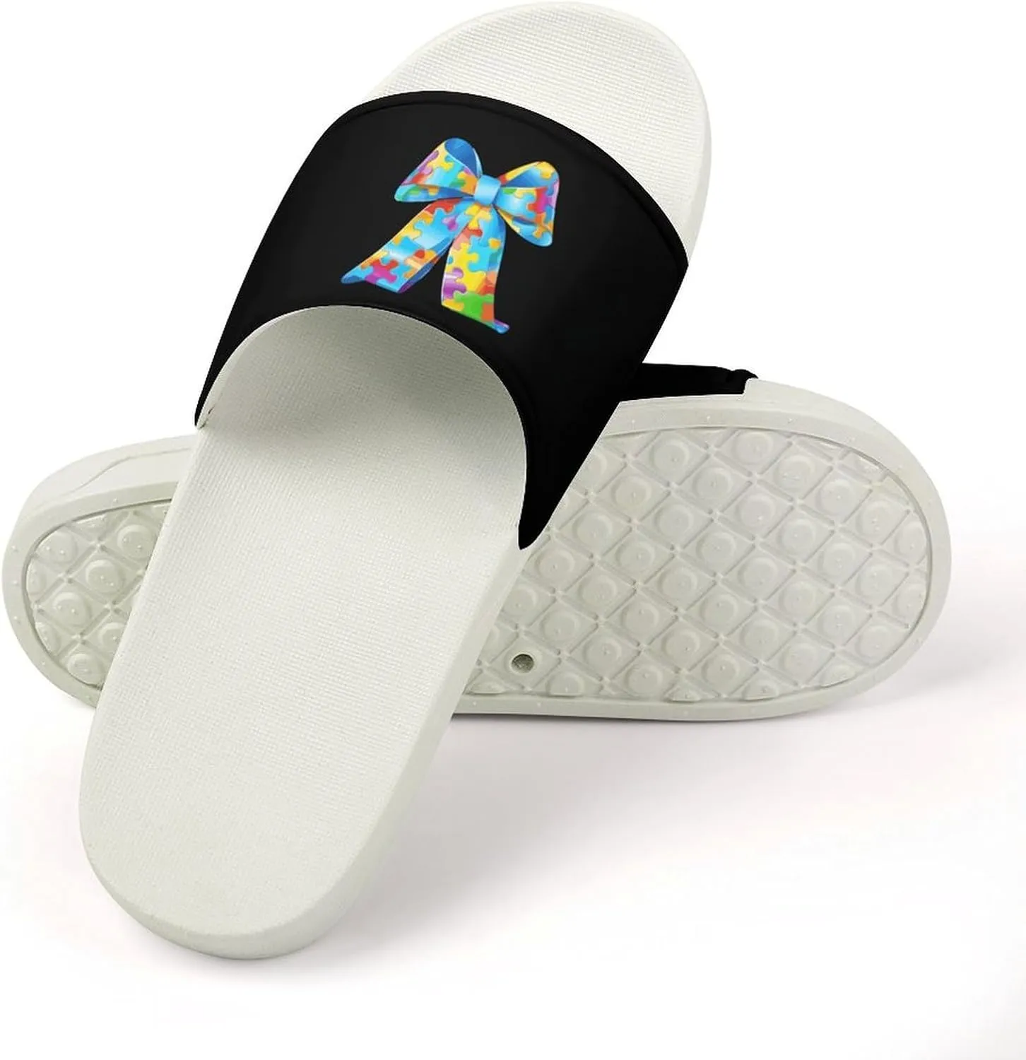 Puzzle Bow Tie Open Toe Slippers for Women And Men Non Slip Shower Slippers Home Slippers