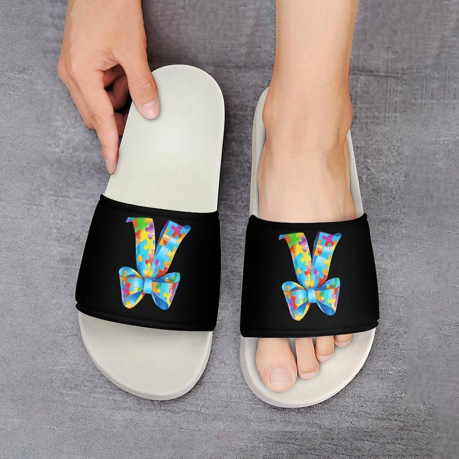 Puzzle Bow Tie Open Toe Slippers for Women And Men Non Slip Shower Slippers Home Slippers