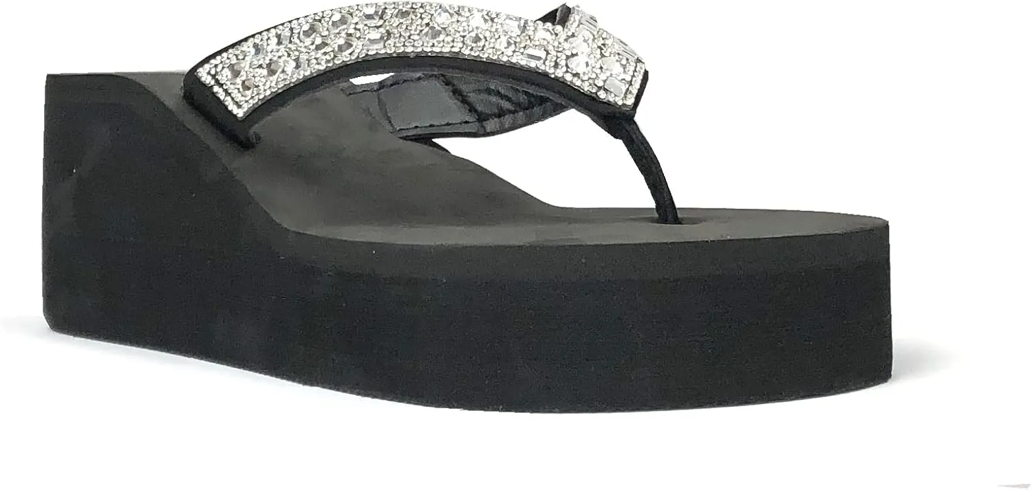 REDVOLUTION New Women's Rhinestone Sandals High | Low Platform T-Strap Jewel Sandals High Wedge Flip Flops