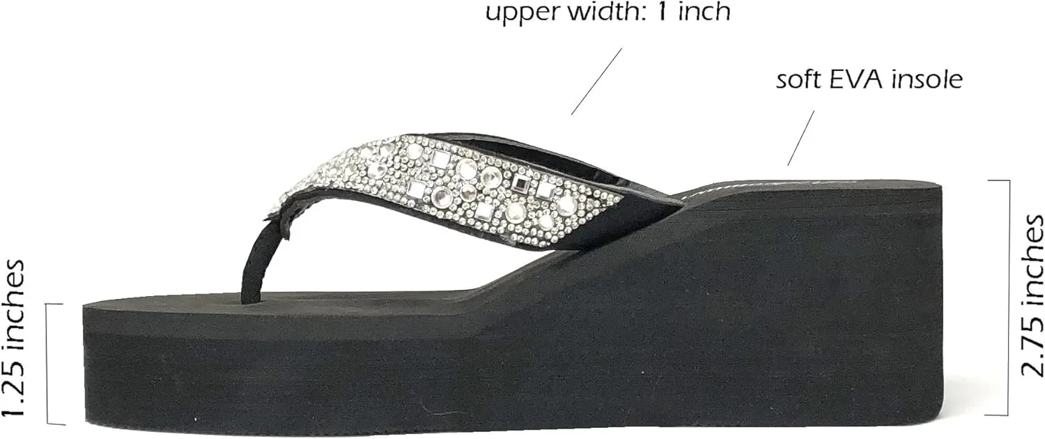 REDVOLUTION New Women's Rhinestone Sandals High | Low Platform T-Strap Jewel Sandals High Wedge Flip Flops