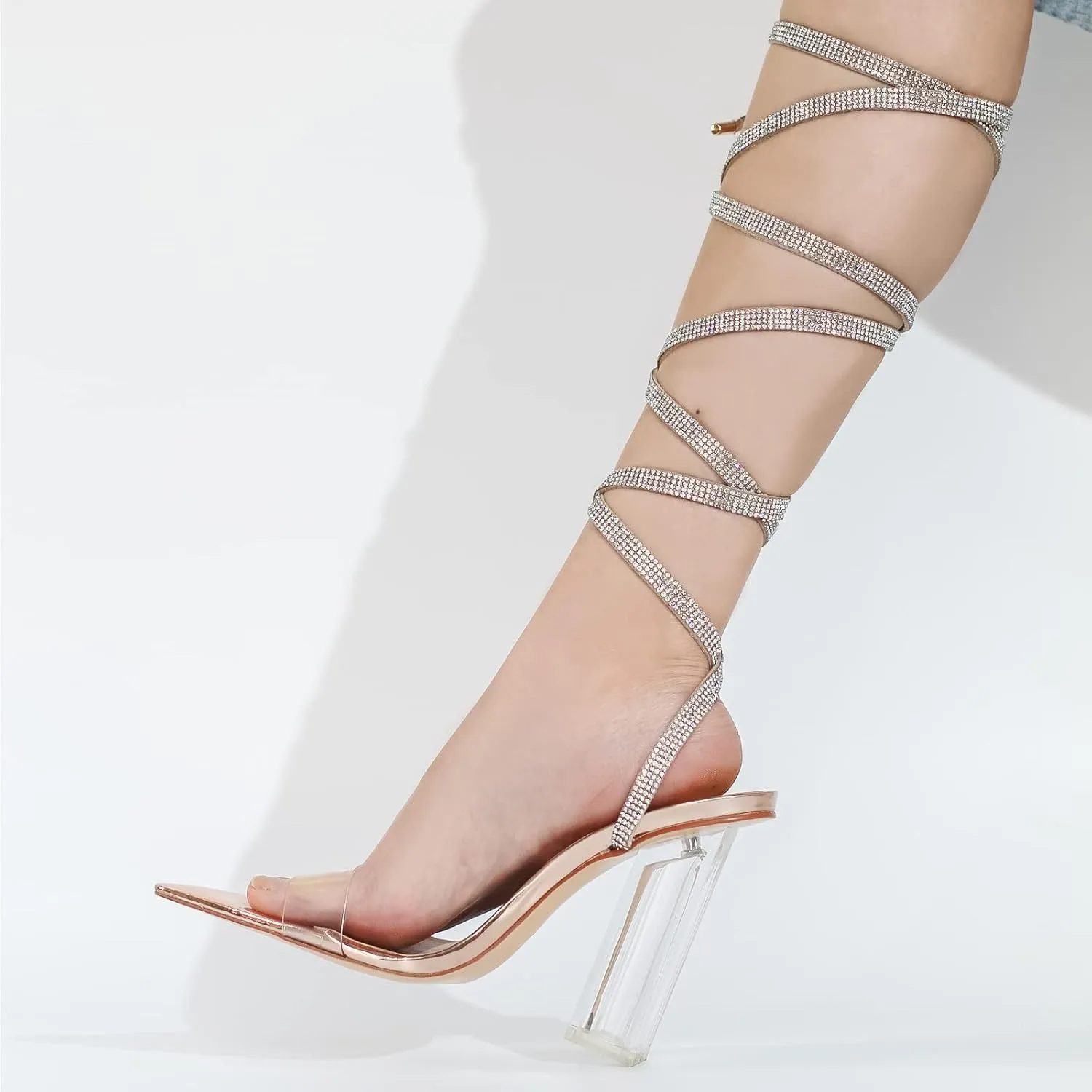 Richealnana Women's Clear Block Heel Lace Up Rhinestones Dress Sandals