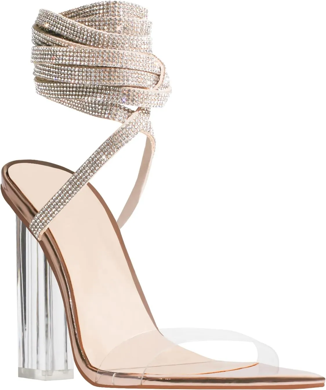Richealnana Women's Clear Block Heel Lace Up Rhinestones Dress Sandals