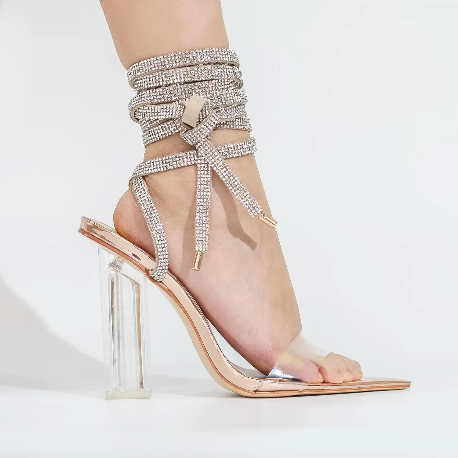 Richealnana Women's Clear Block Heel Lace Up Rhinestones Dress Sandals