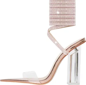 Richealnana Women's Clear Block Heel Lace Up Rhinestones Dress Sandals