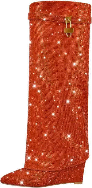 Richealnana Women's Rhinestones Pointed Toe Wedge Boots Knee High Fold Over Boots