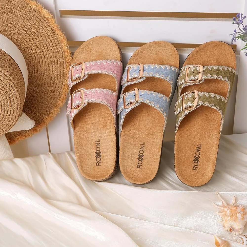 Roxoni Women's Fashion Cork Sole Double Buckle Indoor/Outdoor Sandal