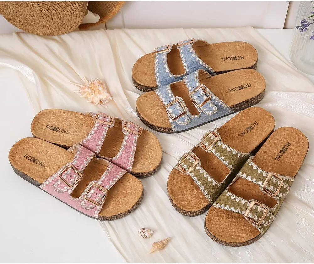 Roxoni Women's Fashion Cork Sole Double Buckle Indoor/Outdoor Sandal