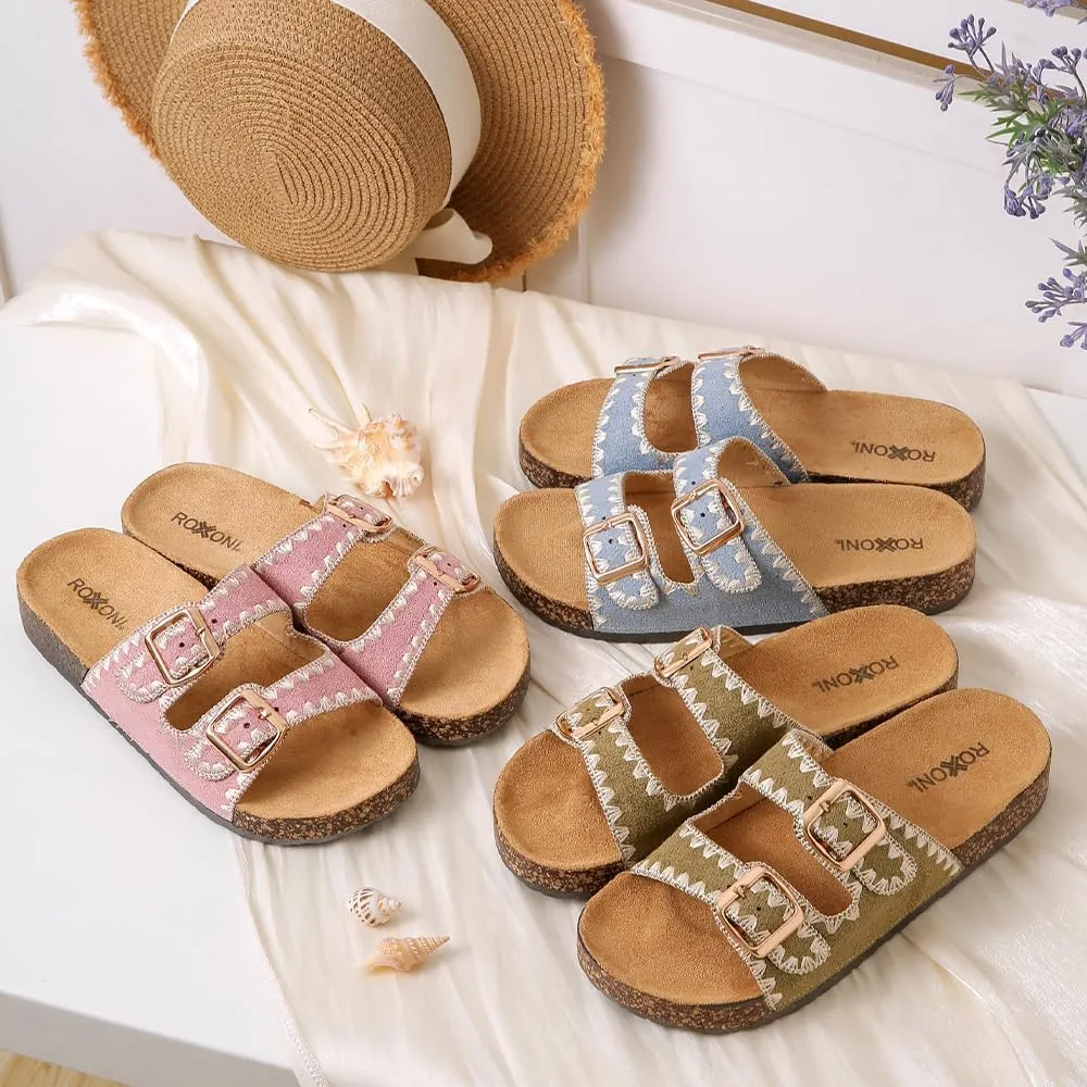 Roxoni Women's Fashion Cork Sole Double Buckle Indoor/Outdoor Sandal