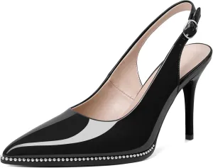 SAMMITOP Women Slingback Heels Stilettos Closed Pointed Toe High Heel Silver Beaded Pumps Comfortable 3.5 Inch High Heels for Women Dressy Shoes