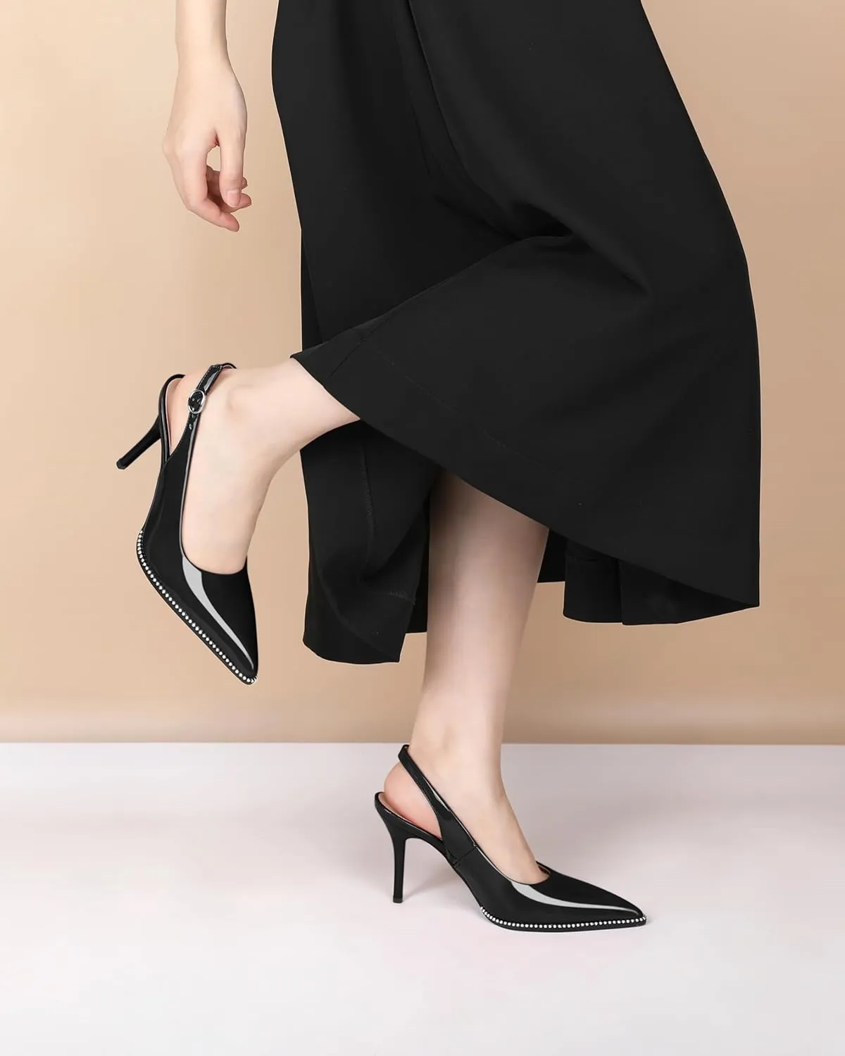 SAMMITOP Women Slingback Heels Stilettos Closed Pointed Toe High Heel Silver Beaded Pumps Comfortable 3.5 Inch High Heels for Women Dressy Shoes
