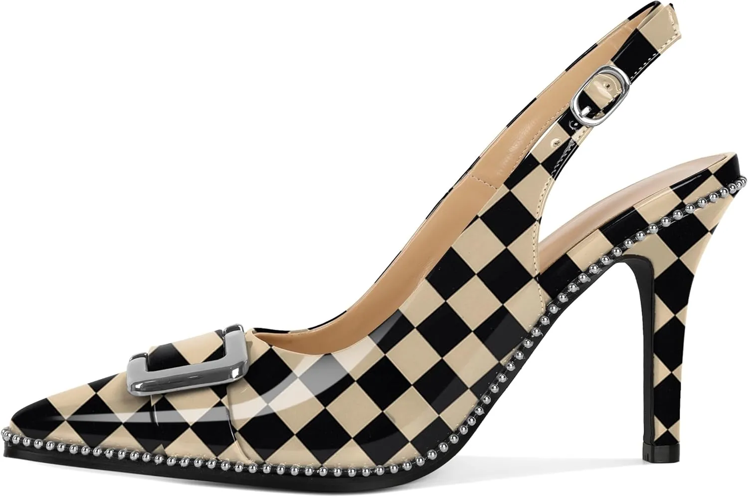 SAMMITOP Womens Slingback Stiletto High Heels Closed Pointed Toe Pumps Beaded Metal Buckle Sexy Office Dress Shoes 3.5 Inch