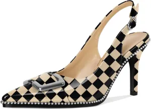 SAMMITOP Womens Slingback Stiletto High Heels Closed Pointed Toe Pumps Beaded Metal Buckle Sexy Office Dress Shoes 3.5 Inch
