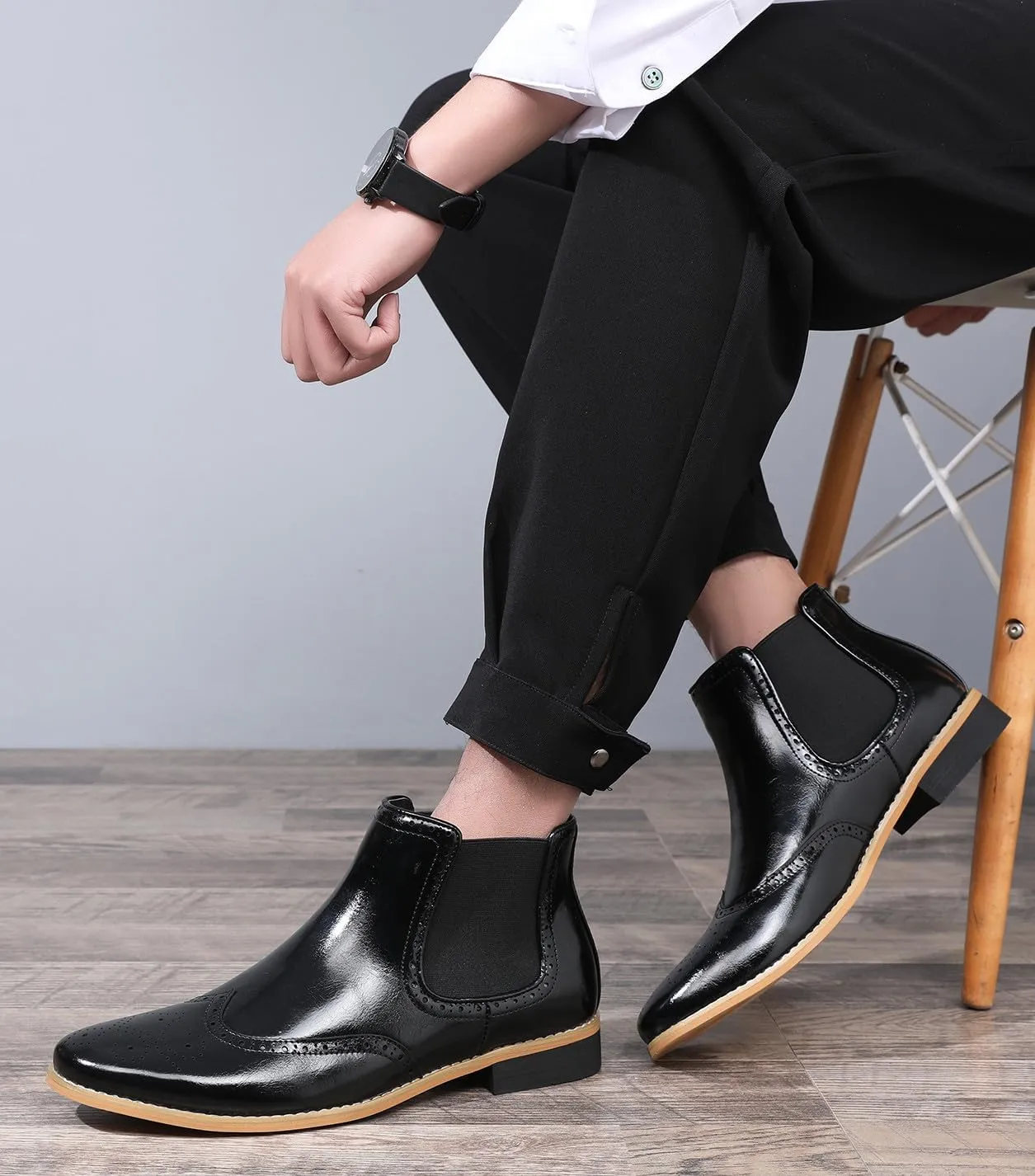 Santimon Chelsea Boots Men Formal Dress Silp On Leather Brogues Ankle Boots Classic Fashion Casual Boots for Men