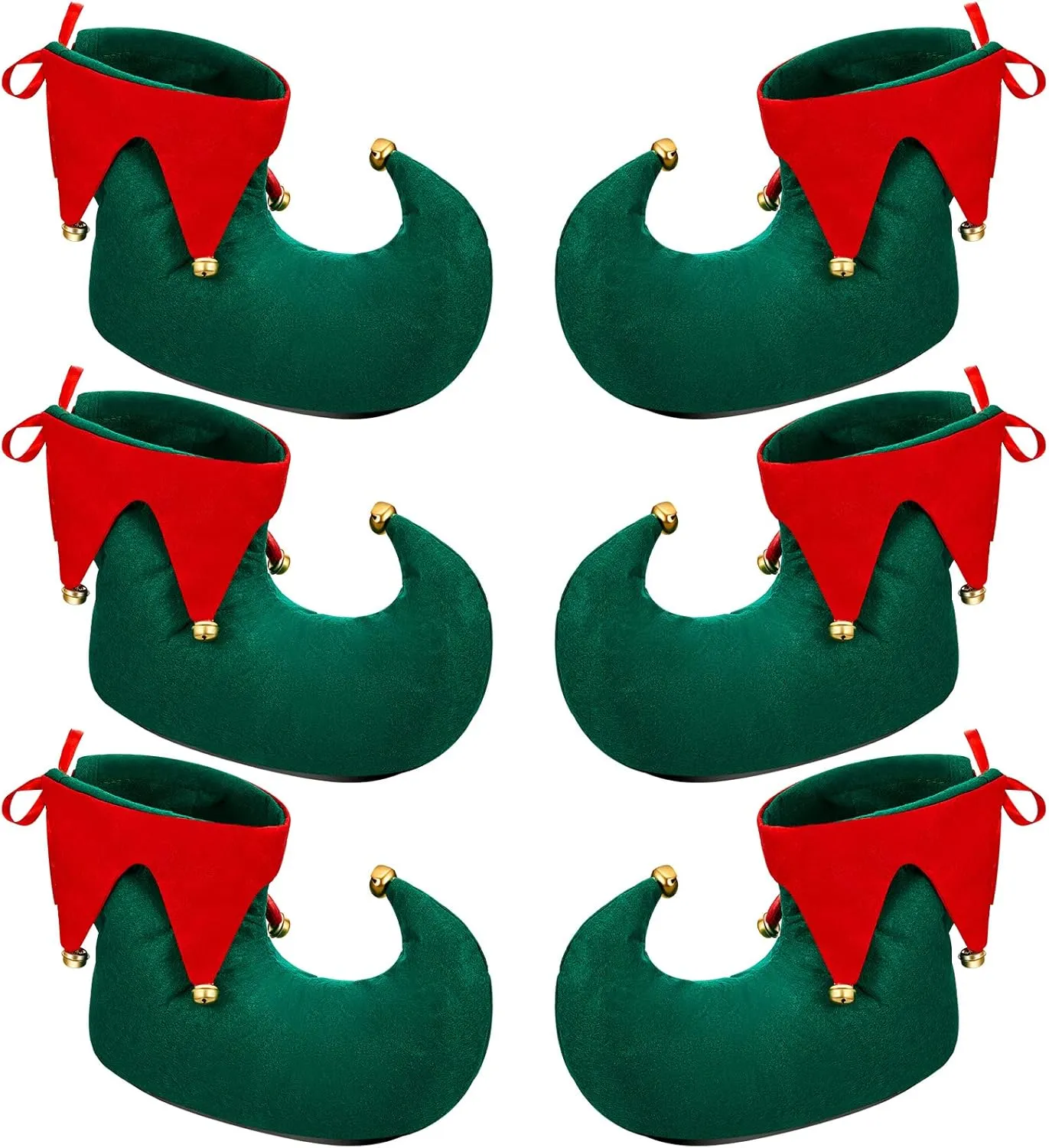 SATINIOR 3 Pairs Christmas Red and Green Elf Costume Shoes Flannel Green Christmas Elf Slippers Bulk with Jingle Bells Halloween Xmas Costume Shoes for Women Men Adults Holiday Cosplay Party